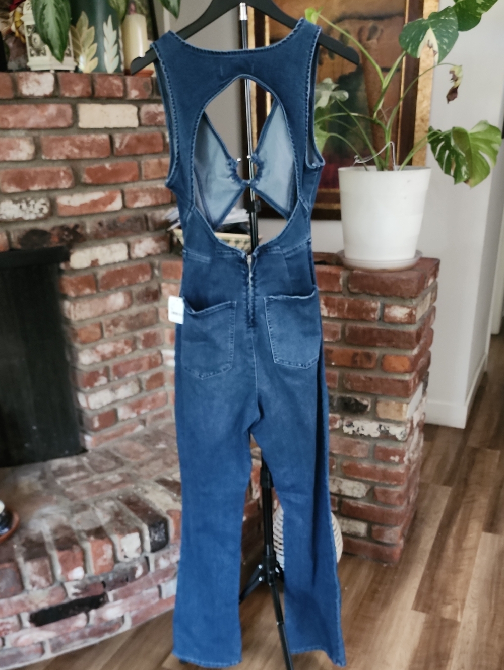 NWT We The Free Denim Cutout Jumpsuit Medium Open Back Blue Jean One Piece Wide - Picture 4 of 9